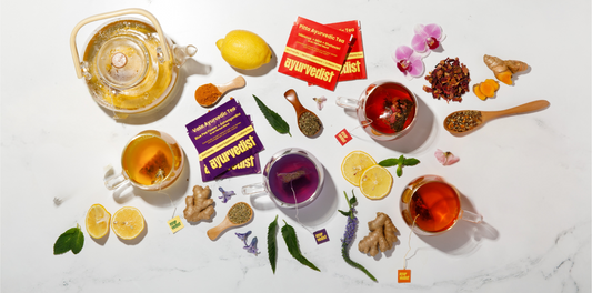 Ayurvedic longevity tea ingredients - turmeric, ginger, black pepper and rose petals