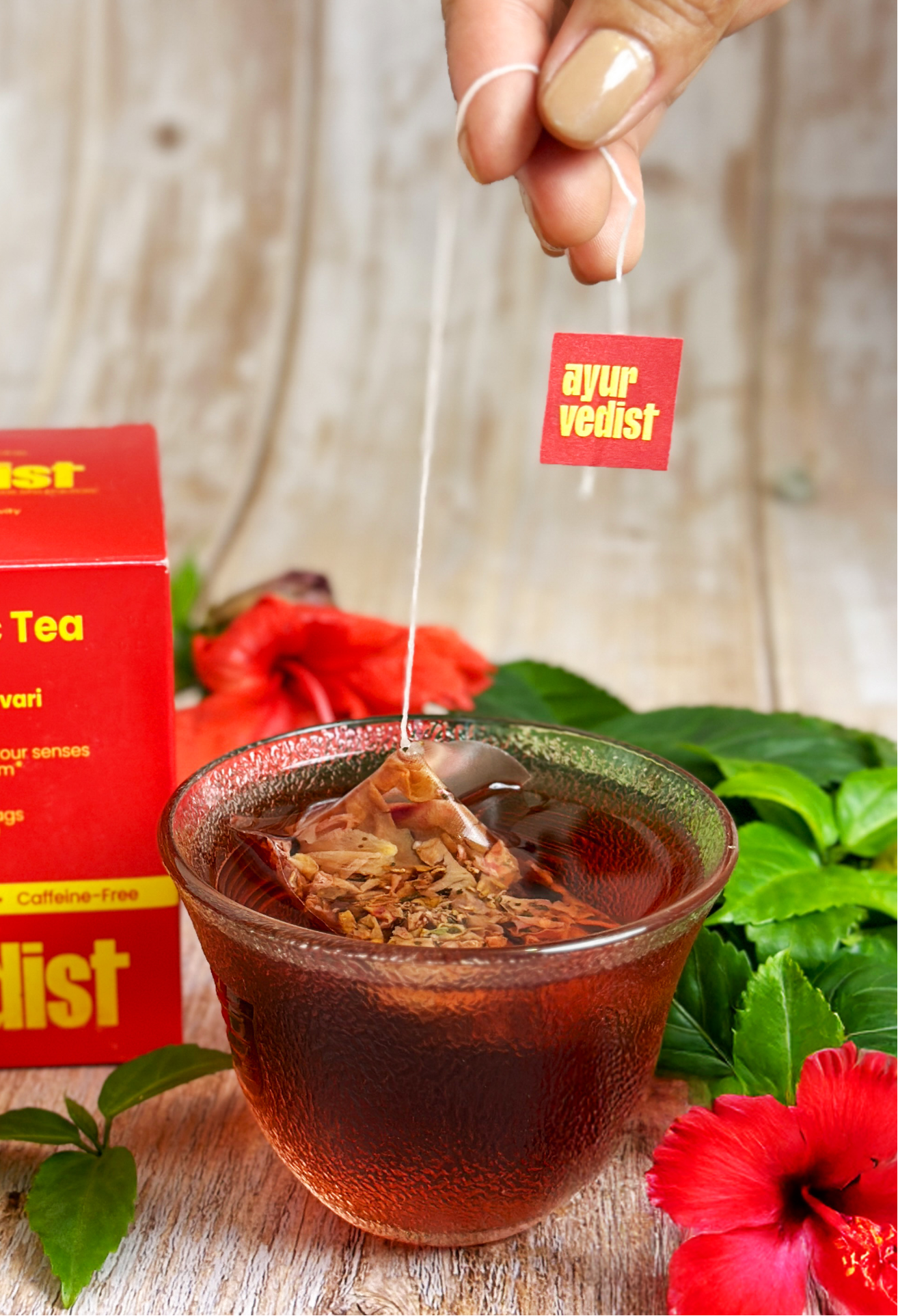 Be Composed caffeine-free Ayurvedic longevity tea box, compared to coffee and matcha for cool clarity without jitters